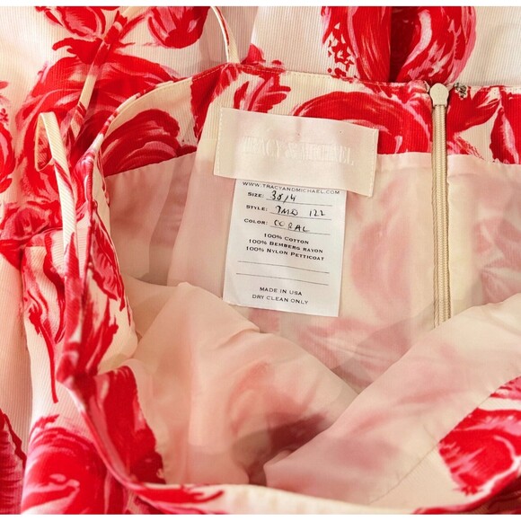 Tracy Michael Women Dress Coral Pink Midi Fit Flare Rose Garden Lined Cocktail 4 - Picture 3 of 7